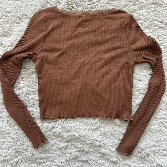 Cotton On Brown Long Sleeve Crop Top With Lace Trim Lining Women's Size Small - Picture 9 of 9